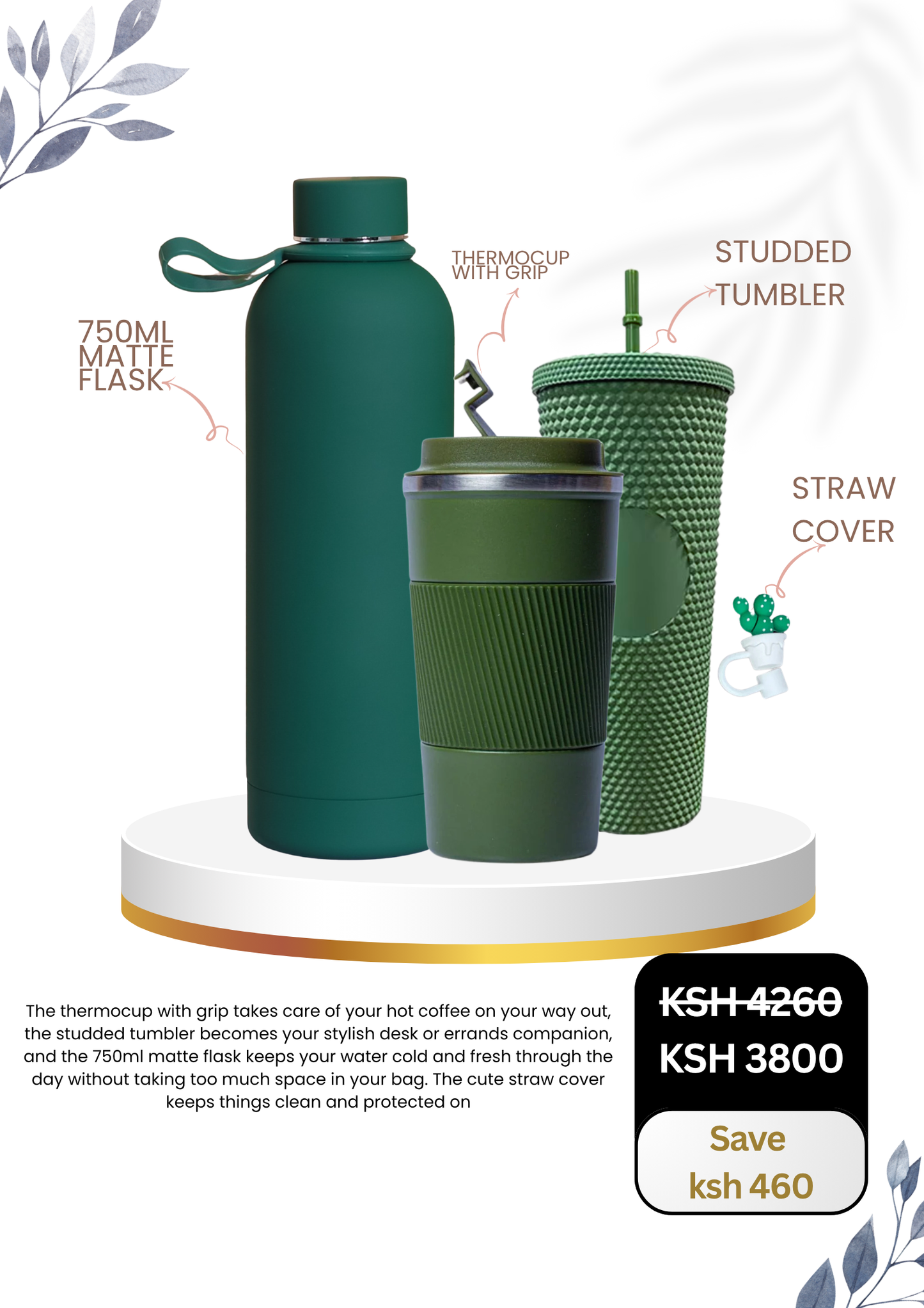 750ml Matte Flask X Thermocup With Grip X Studded Tumbler X Straw Cover