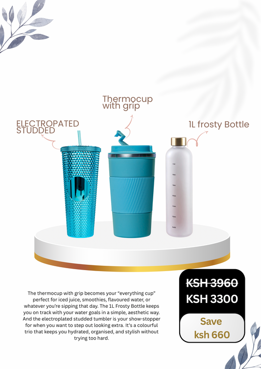 Electroplated Studded Tumbler X Thermocup With Grip X 1L Frosty Bottle X Straw Cover