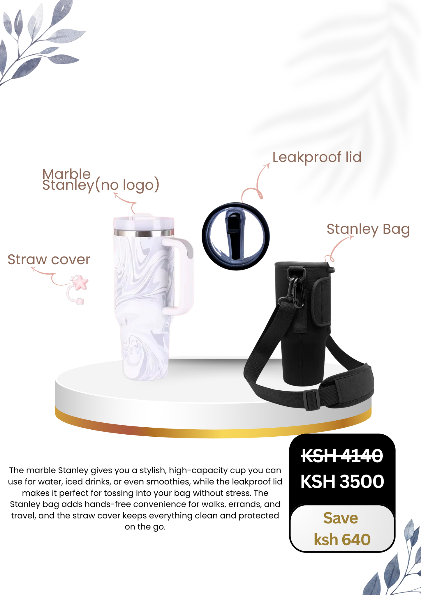 Marble Stanley (No Logo) X Leakproof Lid X Stanley Bag X Straw Cover