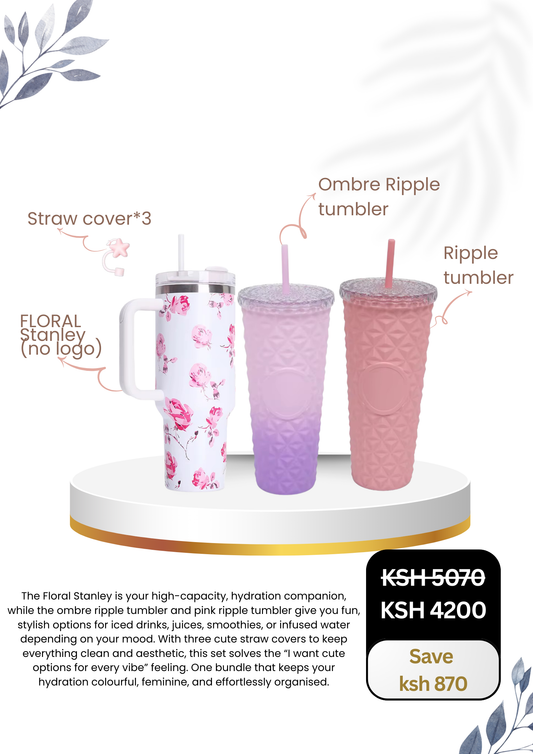 Floral Stanley (No Logo) X Ombre Ripple Tumbler X Ripple Tumbler X 3 Straw Covers