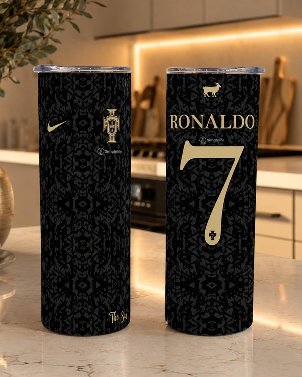 Personalized football tumbler featuring Ronaldo number 7 inspired design in black and gold