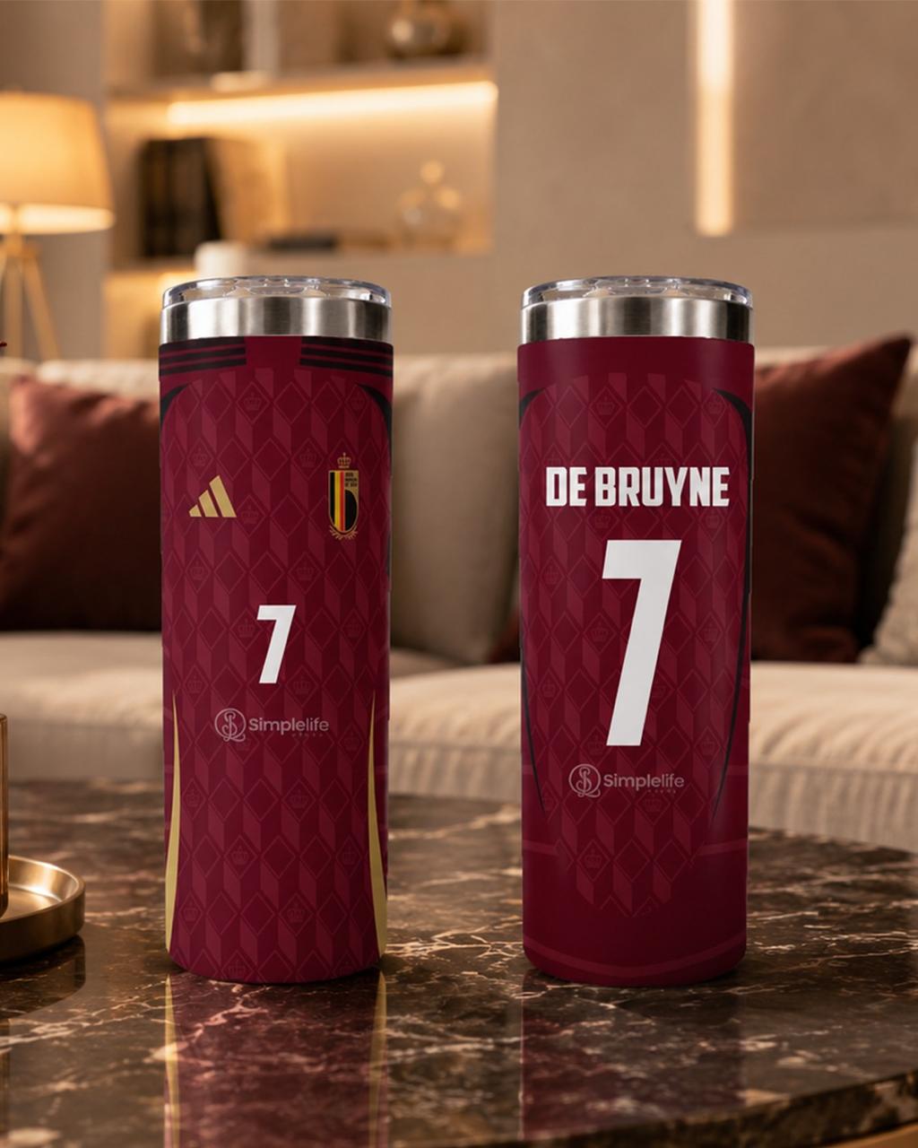 Personalized football tumbler featuring De Bruyne number 7 Belgium-inspired design