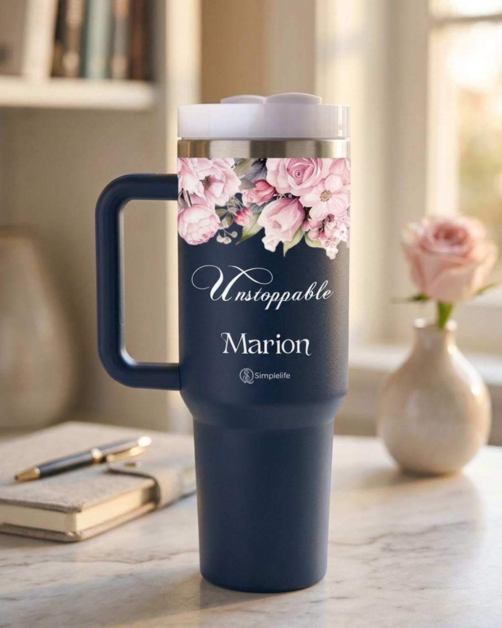 Personalized 1.2L motivational travel mug with Unstoppable floral design and name Marion