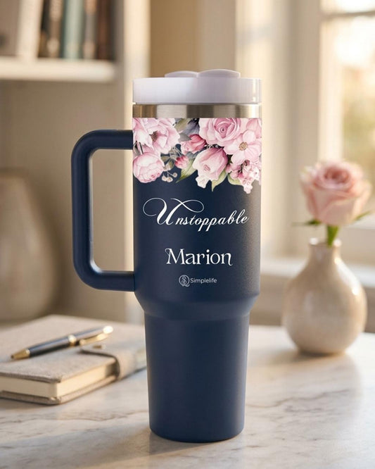 Personalized 1.2L motivational travel mug with Unstoppable floral design and name Marion